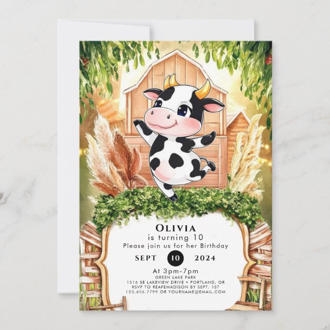 Invitación Acuarela Cumpleaños de vaca simple (Anverso)
