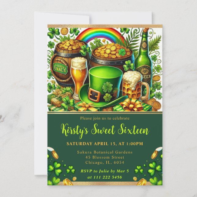 Invitación Acuarela Cumpleaños Dieciséis Día de San Patricio (Anverso)