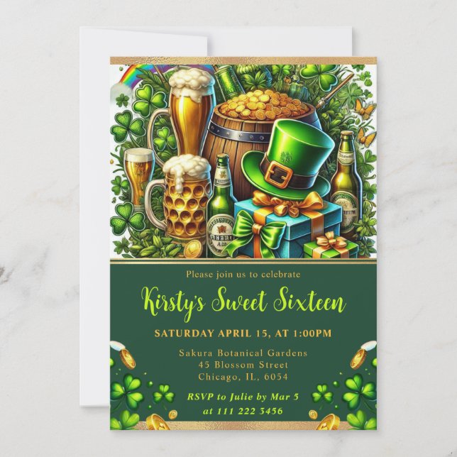 Invitación Acuarela Cumpleaños Dieciséis Día de San Patricio (Anverso)
