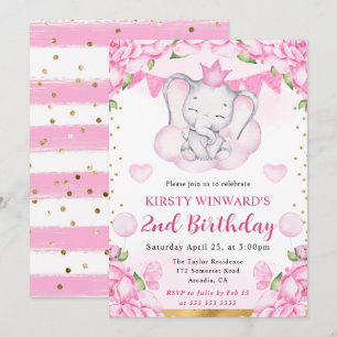Invitación Acuarela Cumpleaños Elefante Lindo y Rosas Rosadas