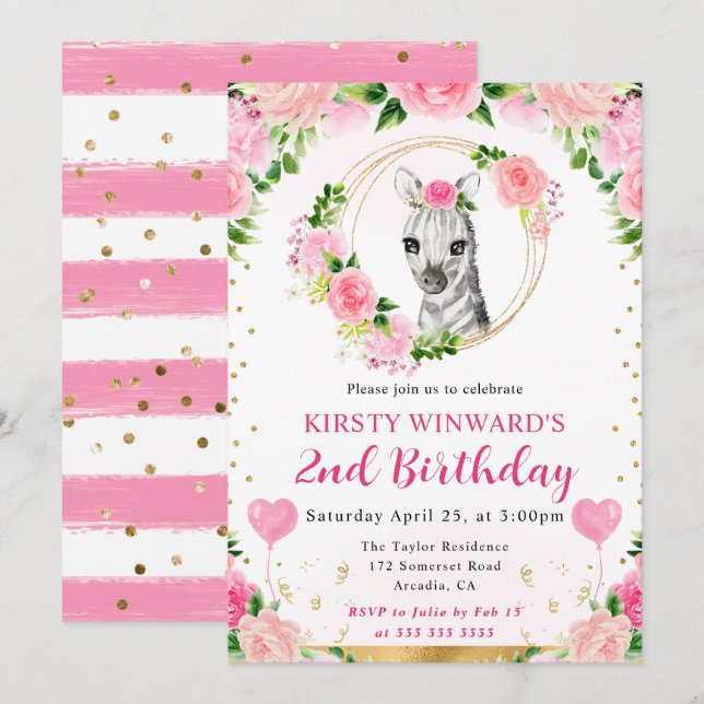 Invitación Acuarela Cumpleaños Infantil Cebra Selva Monada (Anverso / Reverso)