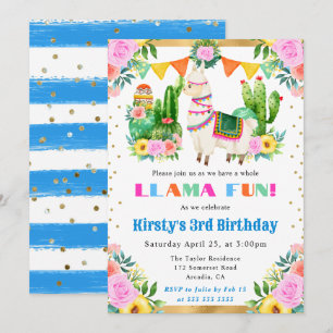 Invitación Acuarela Cumpleaños Infantil Llama Floral Verano
