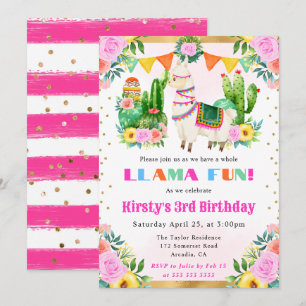 Invitación Acuarela Cumpleaños Infantil Llama Floral Verano