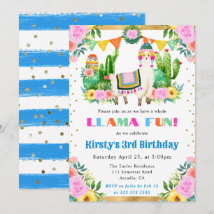 Invitación Acuarela Cumpleaños Infantil Llama Floral Verano