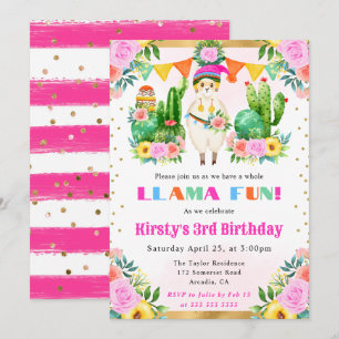Invitación Acuarela Cumpleaños Infantil Llama Floral Verano