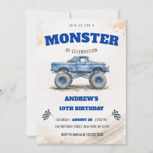Invitación Acuarela Cumpleaños Moderno Niño Camión Monstruo A