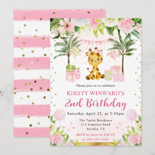 Invitación Acuarela Cumpleaños Niños Jirafa Selva Rosa Lindo