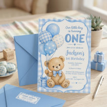 Acuarela Cumpleaños Oso de Gingham Azul
