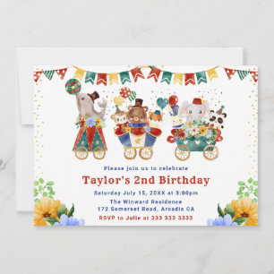 Invitación Acuarela Cumpleaños Tren Animales Circo Floral