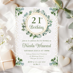 Invitación Acuarela Cumpleaños Verde Eucalipto