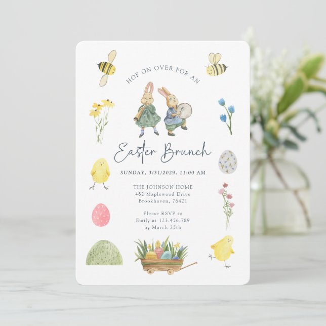 Invitación Acuarela Cuta, Brunch Ilustrativo De Pascua (Anverso de pie)