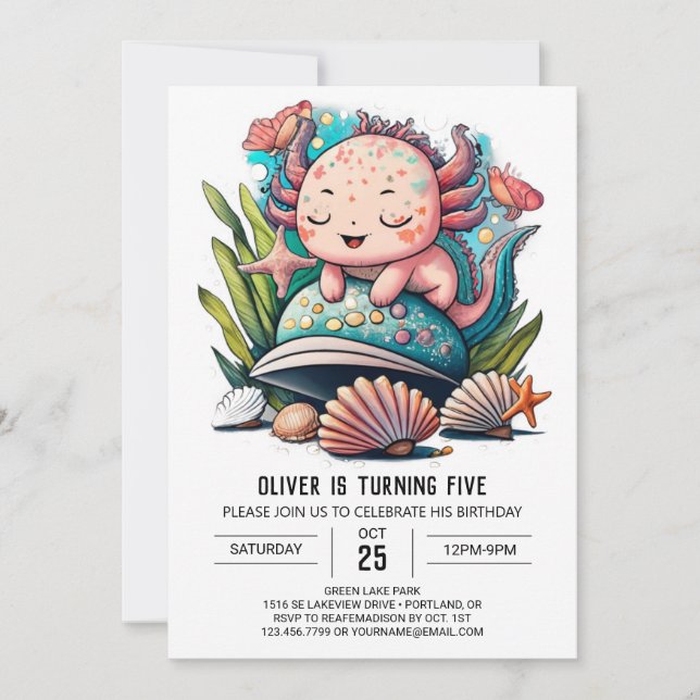 Invitación Acuarela Cute Axolotl Cumpleaños (Anverso)