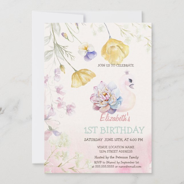 Invitación Acuarela Cute Cisne Flores silvestres Cumpleaños (Anverso)