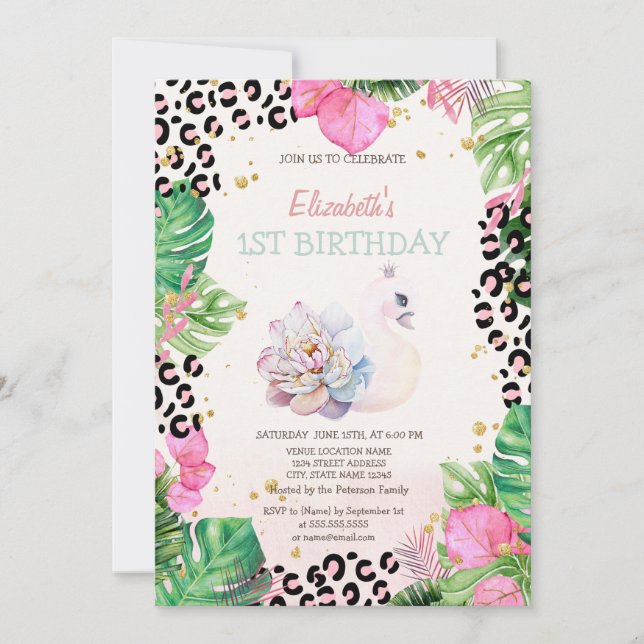 Invitación Acuarela Cute Cisne Flores Tropicales Cumpleaños (Anverso)