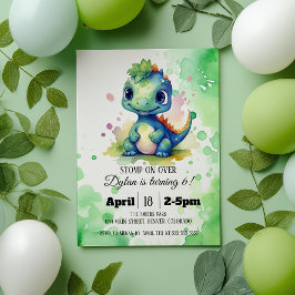 Invitación Acuarela Cute Dinosaurio Green Boy Cumpleaños