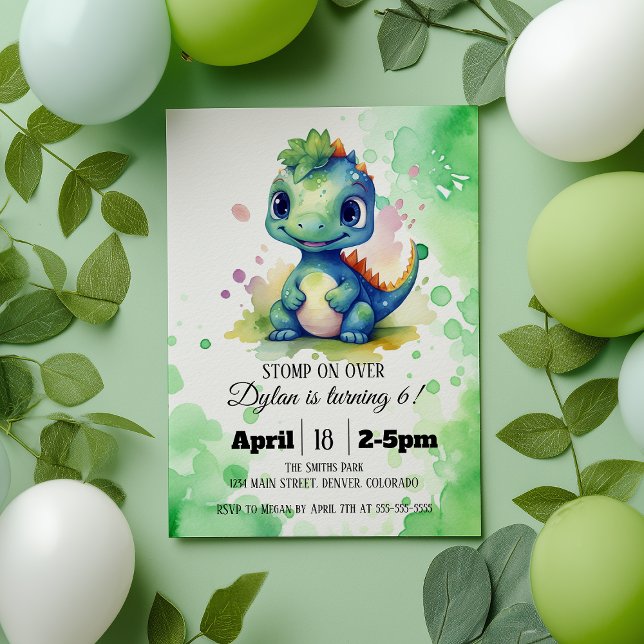 Invitación Acuarela Cute Dinosaurio Green Boy Cumpleaños (Subido por el creador)