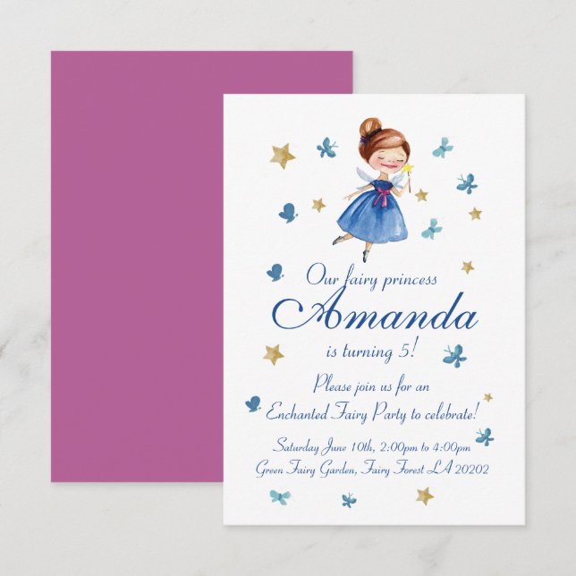 Invitación Acuarela CUTE Fairy Princess Butterfly Cumpleaños (Anverso / Reverso)