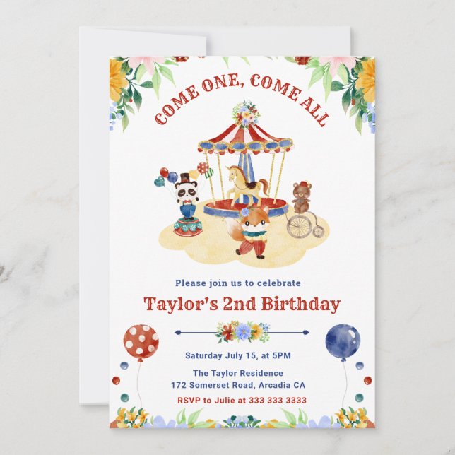Invitación Acuarela Cute Floral Circo Carnaval Cumpleaños (Anverso)