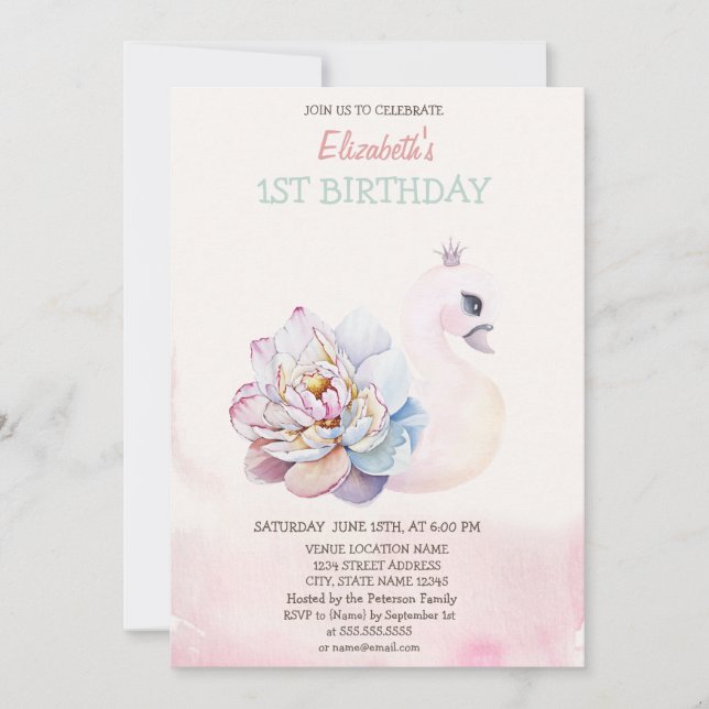 Invitación Acuarela Cute Flores de Cisne Cumpleaños (Anverso)