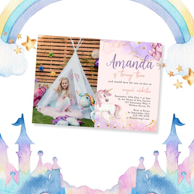 Invitación Acuarela Cute foto de unicornio Purpurina cumpleañ (Subido por el creador)