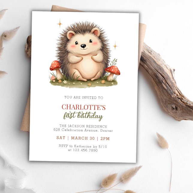 Invitación Acuarela Cute Hedgehog Fiesta de cumpleaños para h (Watercolor Cute Hedgehog Mushroom Birthday Party Invitation)