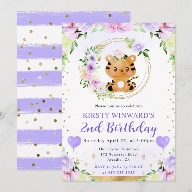 Invitación Acuarela Cute Jungle Tiger Kids Cumpleaños (Anverso / Reverso)