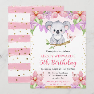 Invitación Acuarela Cute Koala y Flores Tropicales Cumpleaños