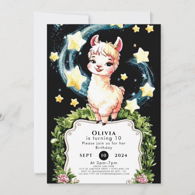 Invitación Acuarela Cute Llama Cumpleaños (Anverso)