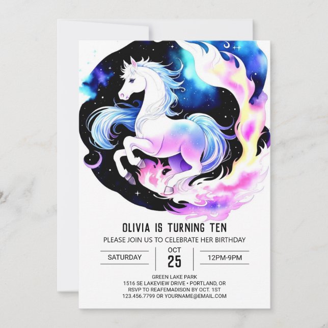 Invitación Acuarela Cute Pony Cumpleaños (Anverso)