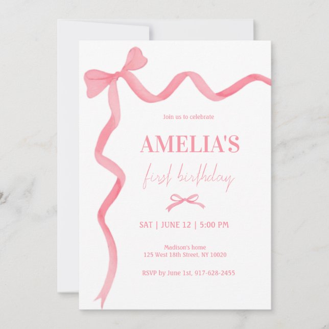 Invitación Acuarela Cute Rosa Coquette 1º cumpleaños (Anverso)