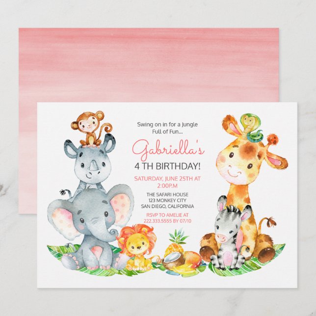 Invitación Acuarela Cute Safari Jungle Animales Cumpleaños (Anverso / Reverso)