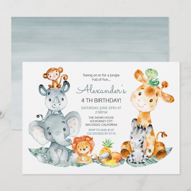 Invitación Acuarela Cute Safari Jungle Animales Cumpleaños (Anverso / Reverso)