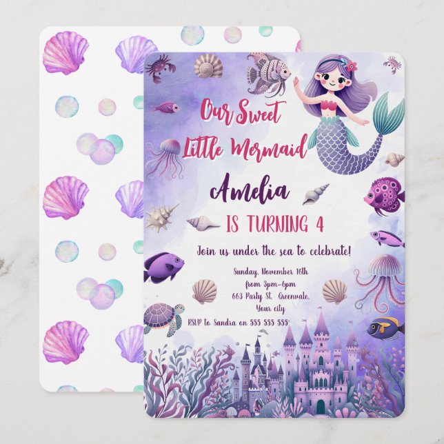 Invitación Acuarela Cute Sirena Bajo el Mar Cumpleaños (Anverso / Reverso)