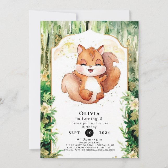 Invitación Acuarela Cute Squirrel Cumpleaños (Anverso)