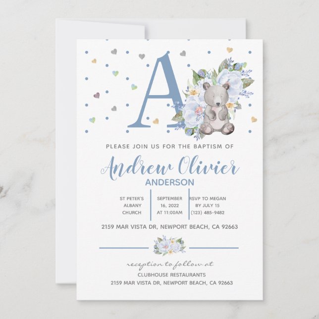 Invitación Acuarela Cute Teddy Bear Niño Cristalización (Anverso)