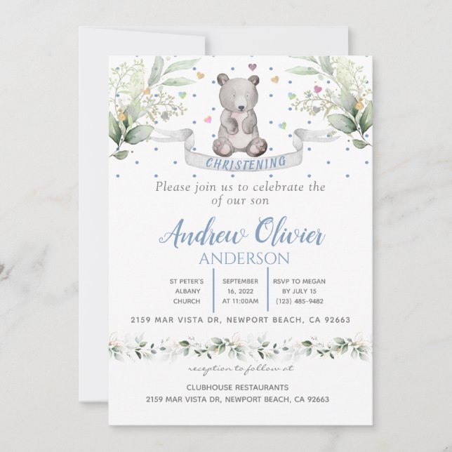Invitación Acuarela Cute Teddy Bear Niño Cristalización (Anverso)