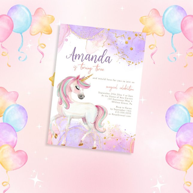 Invitación Acuarela Cute Unicorn Púrpura Cumpleaños (Subido por el creador)