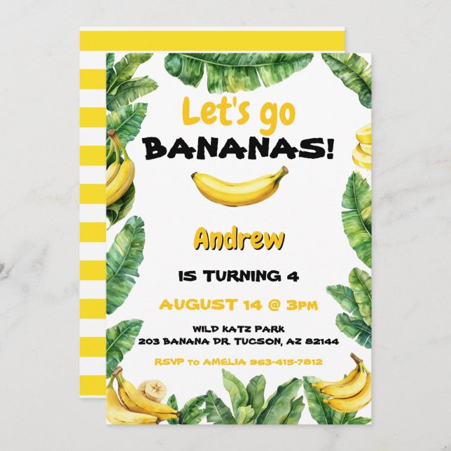 Invitación Acuarela Cute Vamos Bananas Cumpleaños (Anverso / Reverso)