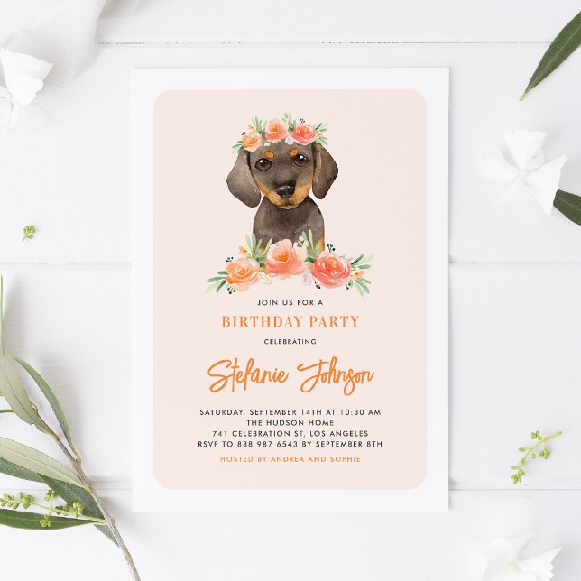 Invitación Acuarela Dachshund Peach Florals (Subido por el creador)