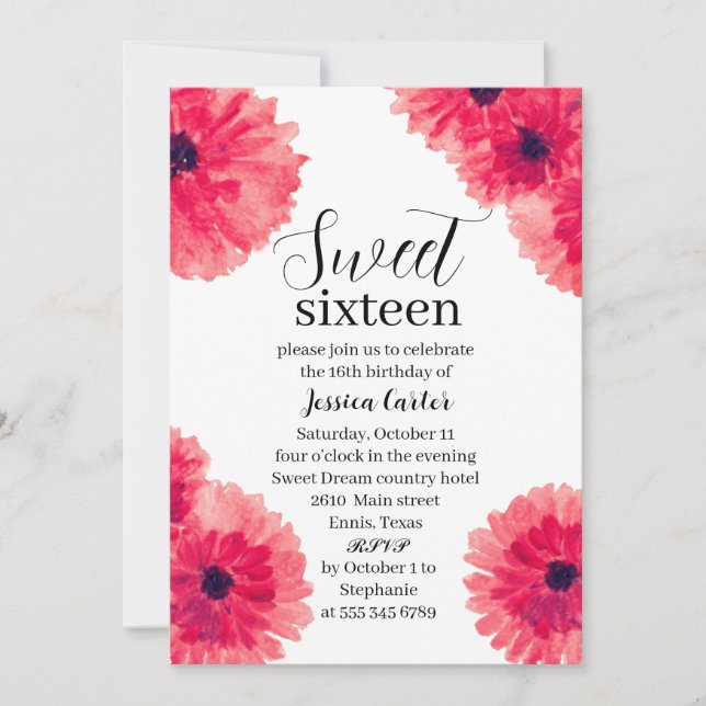 Invitación Acuarela Dahlia Daisy Sweet 16 Dieciséis (Anverso)