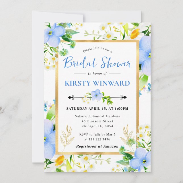 Invitación Acuarela Daisies y Flores Azules Desayuno de Novia (Anverso)