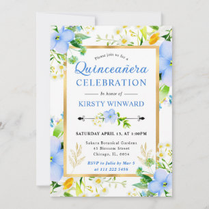 Invitación Acuarela Daisies y Flores Azules Quinceañera