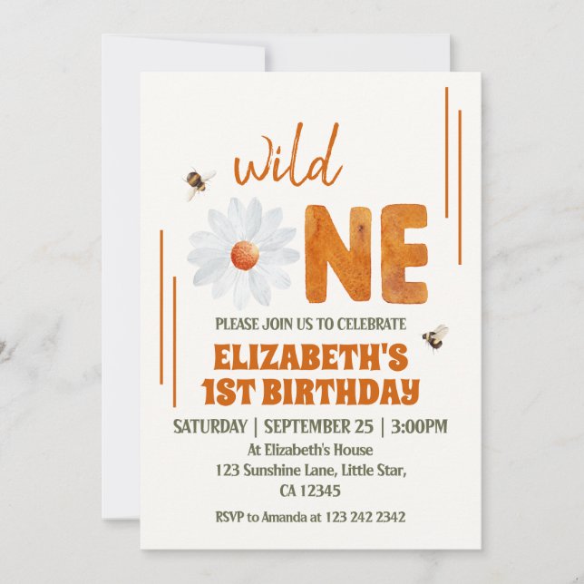 Invitación Acuarela Daisy Wild One Primer Chica de cumpleaños (Anverso)
