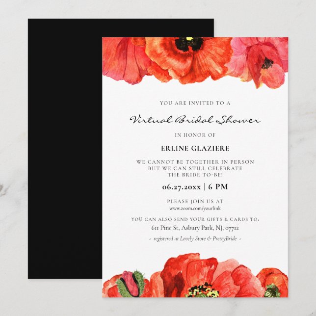 Invitación Acuarela de adormidera roja Ducha virtual de novia (Anverso / Reverso)