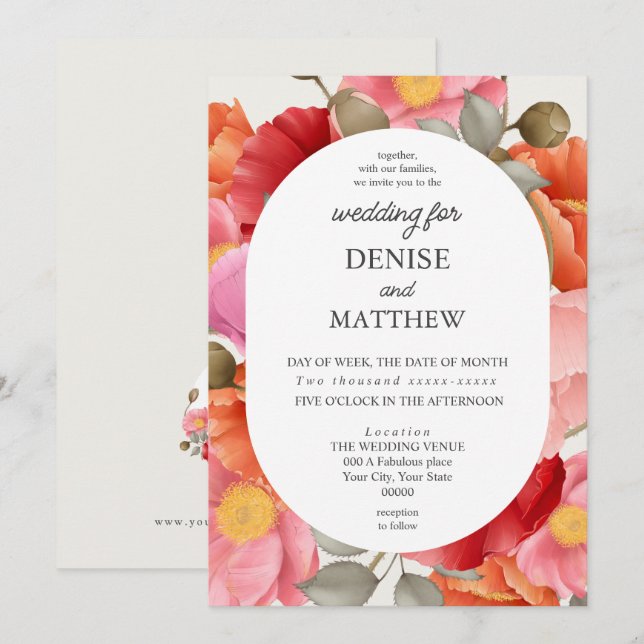 Invitación Acuarela de Amapola sobre Fondo Blanco Nieve (Anverso / Reverso)