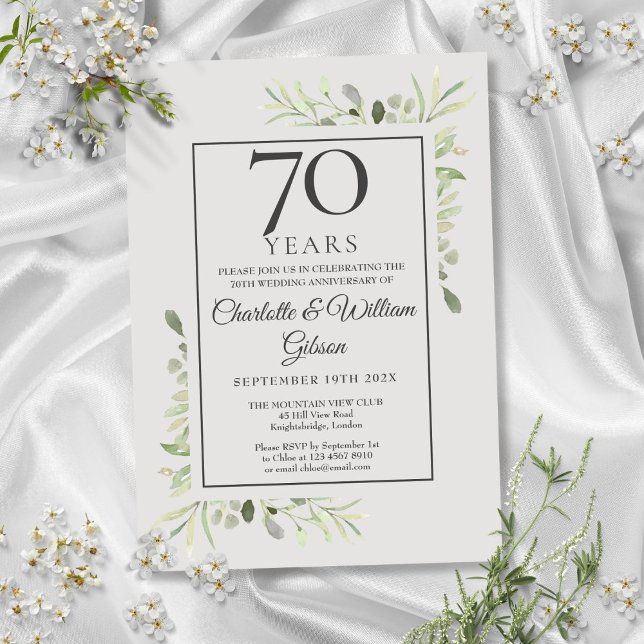 Invitación Acuarela de aniversario de bodas número 70 con veg (70th Wedding Anniversary Watercolour Greenery Invitation)