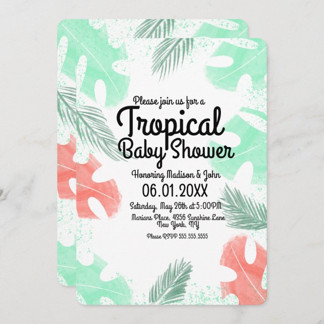 Invitación Acuarela de Baby Shower tropical Monstera Coral (Anverso / Reverso)