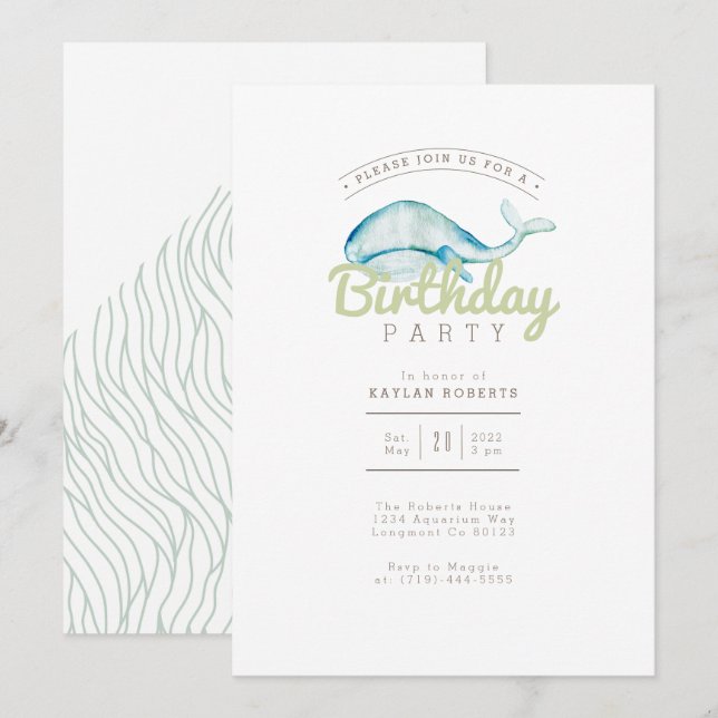 Invitación Acuarela de ballena | Fiesta de cumpleaños | Vida  (Anverso / Reverso)