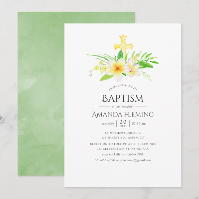 Invitación Acuarela de bautismo frangipani o cristianismo (Anverso / Reverso)