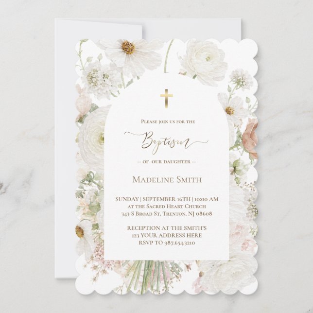 Invitación Acuarela de bautizo ramo de flores blancas (Anverso)